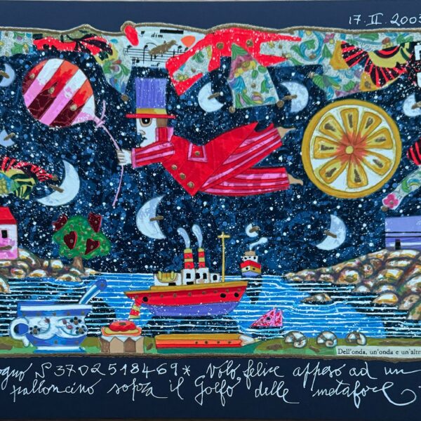 Volo felice appeso ad un palloncino (fondo blu) | Francesco Musante