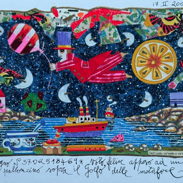 Volo felice appeso ad un palloncino (fondo bianco) | Francesco Musante